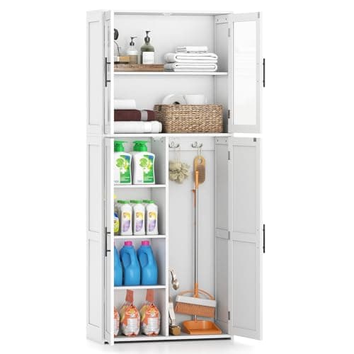 Image of Multigot Tall Bathroom Cabinet, Freestanding Storage Cupboard with Doors, Adjustable Shelves & Hanging Hooks, Wooden Display Organizer Unit for Bathroom Living Room Entryway (White)