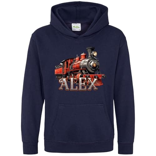 Image of Purple Print House Personalised Steam Train Hoodie For Boys Trains Railway Vintage Boy Girls Custom Name Hooded Top, 7-8 Years, Navy