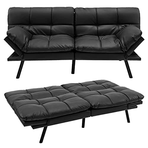 Image of COSTWAY 2/3 Seater Convertible Sofa Bed, Click Clack Sleeper Couch with Reclining Backrest, Adjustable Armrests & 6 Metal Legs, Padded Loveseat for Living Room and Bedroom (PU Leather, Black)