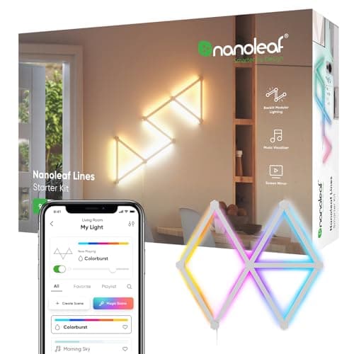 Image of Nanoleaf Lines 60 Degrees Starter Kit, 9 Smart Light Bars LED RGBW - Backlit Modular Wi-Fi Colour Changing Wall Lights, Music & Screen Sync, Works with Alexa Google Assistant Apple Homekit, Room Decor