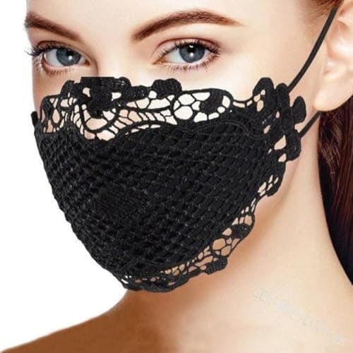 Image of Women Reusable Breathable Lace Mask with Adjustable Straps for Secure Fit, Protective Face Covering for Cosplay and Special Events (Average Size Black)