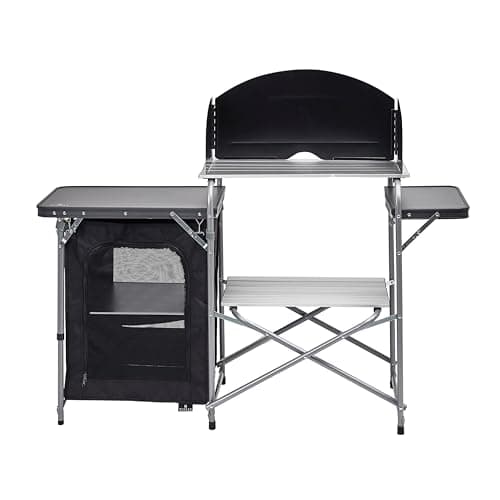 Image of Hi Gear Basecamp Deluxe Kitchen Stand with Windshield & Storage Cupboard, Lightweight, Easy to Assemble, Portable, Folding Camp Table, Ideal for Camping & Festivals, includes Carry Bag, Silver