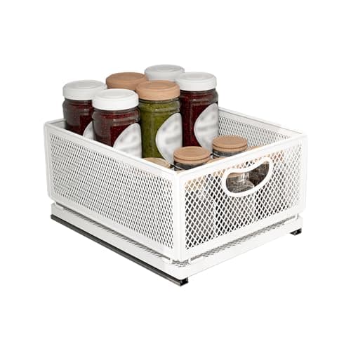 Image of ULIKEUS Sliding Cabinet Storage Basket Organiser Drawer Self Adhesive Slide out Pantry Shelves Heavy Duty Carbon Steel Pull Out Cabinet Organiser with Handle for Bathroom Kitchen Home