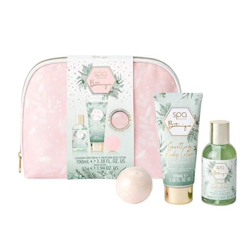 Image of Style & Grace Spa Botanique Cosmetic Bag Gift Set Eco Packaging 100ml Body Lotion + 100ml Body Wash + 55g Bath Fizzer + Recycled Fabric Cosmetic Bag