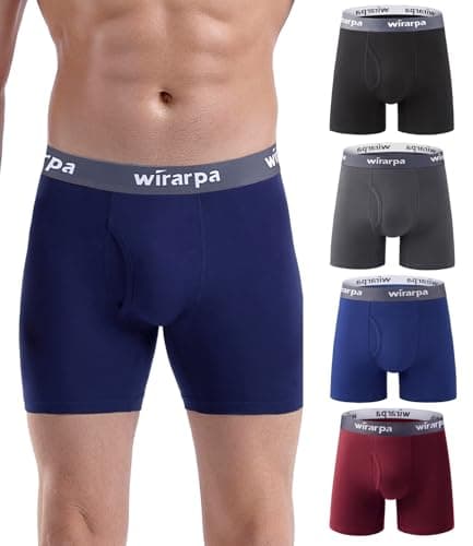 Image of wirarpa Men's Underwear Trunks Cotton Stretch Boxer Shorts Open Fly Tagless Underpants for Men Regular Leg 4 Pack Black Blue Red Grey Size L