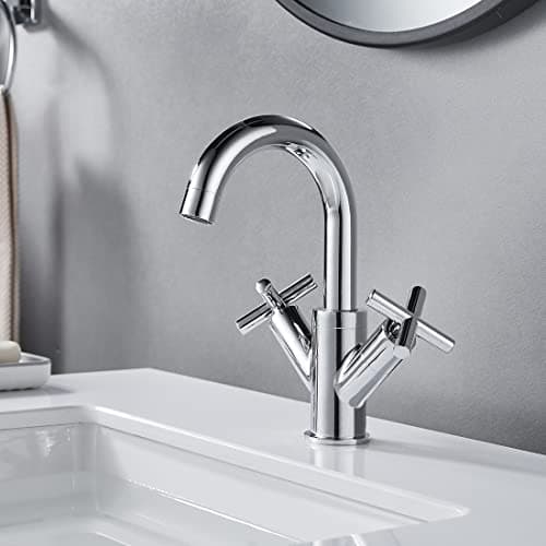 Image of NewEast Basin Mixer Tap, Dual Cross Handle Swivel Spout Bathroom Sink Taps with Pop Up Waste, Modern Chrome Basin Tap