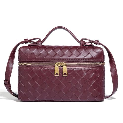 Image of Trendy Woven Crossbody Purse Bag for Women Cute Shoulder Bag Square Box Bags Mini PU Leather Top Handle Purses Handbag, Wine Red, 9.45 inches, Crossbody Bag