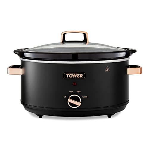 Image of Tower Cavaletto 6.5 Litre Slow Cooker with 3 Heat Settings, Removable Dishwasher Safe Pot, Cool Touch Handles, Up to 8 Portions, Black and Rose Gold, T16043BLK