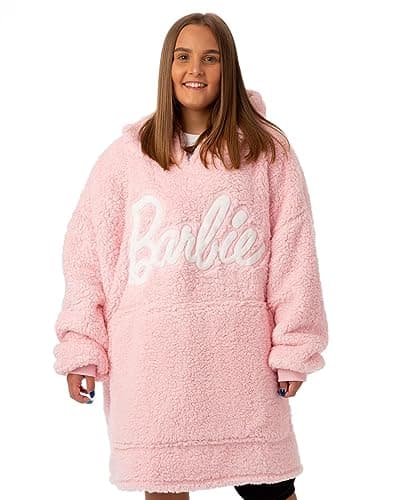 Image of Barbie Womens Wearable Blanket | Ladies Embroidered Classic Logo Fleece Hoodie in Pink | Adults Fashionable Cosy Heavyweight Snuggle Hooded Pullover | Doll Fashion Movie Loungewear Gift for Her