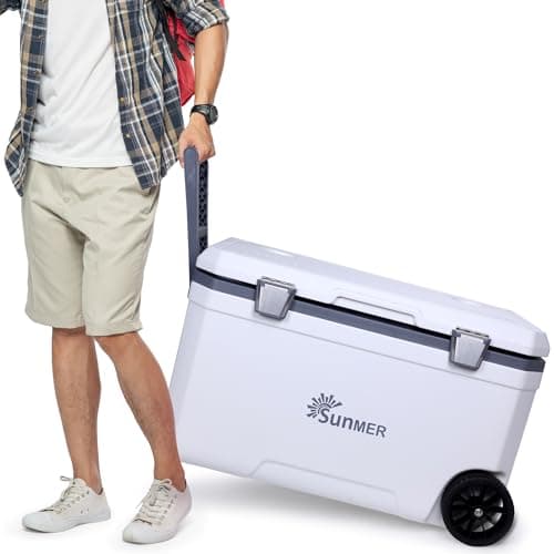 Image of SUNMER Wheeled Cooler Box 70L - PU Foam Insulated Ice Chest with 72-Hour Cold Retention - Cool Box on Wheels with Drain Plug & Cup Holders - Large Ice Cooler Box for Camping & Beach - White