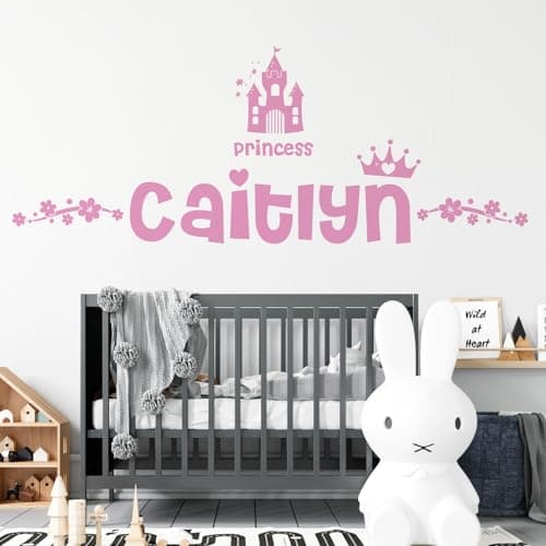 Image of Personalised Name Girls Wall Art Sticker - Princess Disney Castle Crown Floral Motive [Large] [Pink]