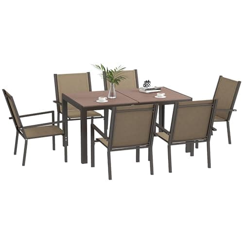 Image of Outsunny 7 PCs Garden Dining Set, Wood-plastic Composite Table & 6 Chairs, Khaki