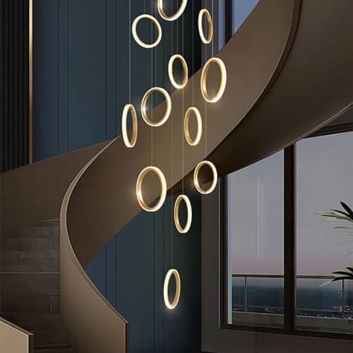 Image of RuiRfh Chandelier modern LED villa staircase large Pendant Light golden dimmable high ceiling Hanging Lamp with remote control suitable for foyer hotel living room aluminum 15 ring lighting (Color :