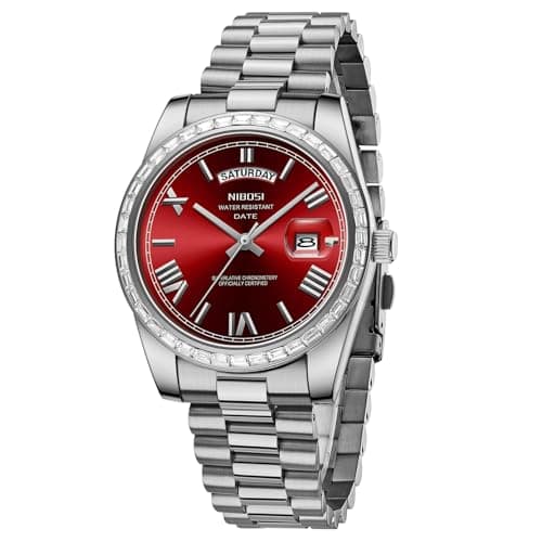 Image of NIBOSI Men Watches Analogue Quartz Diamond Bezel Rose Gold Silver Watch for Men Waterproof Business Classic Dress Wristwatch with Day Date(Silver Red)