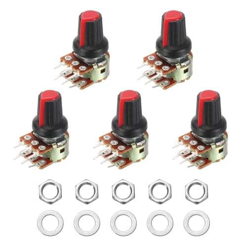 Image of sourcing map 5 Set WH148 B1K Ohm Potentiometer Kit, 6-Pin Split Shaft Rotary Linear Dual Taper Rotary Audio Potentiometer with Knob Nut and Washer for Audio Volume Control, 15mm Shaft, Yellow