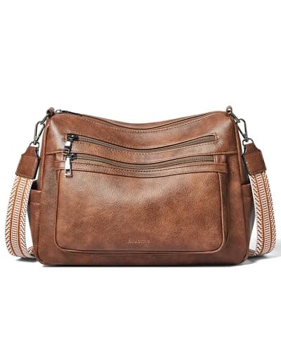 Image of Bluome CrossBody Bag Purses for Women, Vegan Leather ladies Handbags Multi Pocket Soft Shoulder Hobo Bag with Guitar Strap,Brown