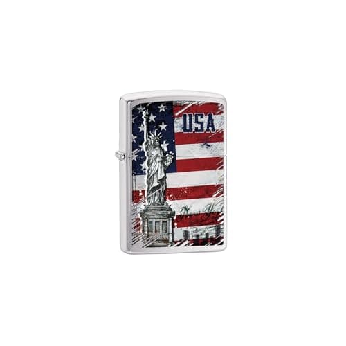 Image of Zippo Windproof Lighter - Statue of Liberty Flag - Brushed Chrome with Colour Image - Refillable - Reusable - Windproof Design - Gift Box - Metal - Made in USA