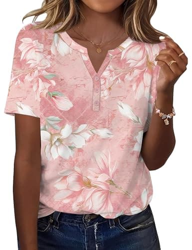 Image of Kistore Spring Shirts for Women Short Sleeve Summer Tunic Tops Womens Casual Pink Floral Tee Shirts V Neck Office Blouses L