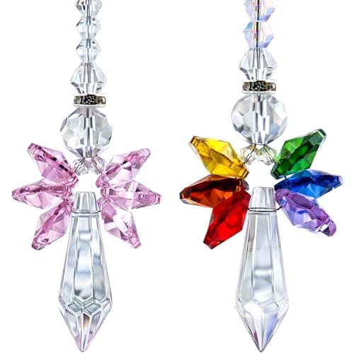 Image of 2pcs Crystal Angel Sun Catchers for Windows & Garden, Rainbow Maker Crystal Suncatcher with Vibrant Reflections - Elegant Hanging Decor Gift for Mom, Friends, Family (Rainbow + Pink)