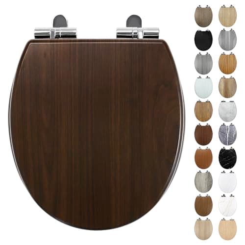 Image of Fanmitrk Dark Walnut Wooden Toilet Seat Soft Close, 18mm Thickened MDF Wood Toilet Seat with Adjustable Strong Zinc Alloy Hinges, Comfortable, Durable, Easy Cleaning (MFG24803)