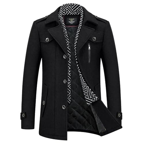 Image of KUDMOL Men's Wool Trench Coat Knitted Scarf Collar Peacoat Winter Warm Casual Jacket Thick Outdoor Overcoat(Black,XS)