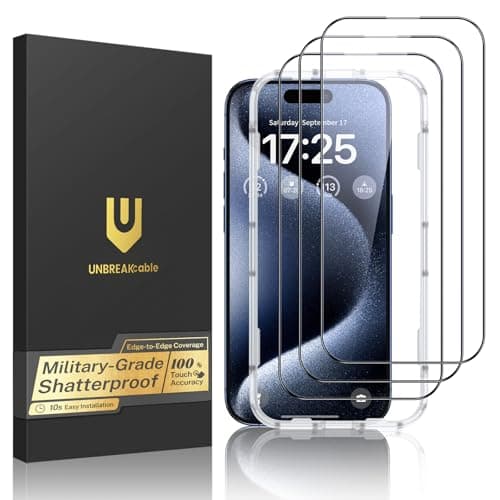 Image of UNBREAKcable Shatterproof Tempered Glass Screen Protector for iPhone 15 Pro Max [3-Pack] [1:1 Full Coverage] [99.99% HD Clear] [Easy Installation Frame] [9H Hardness] for Apple 6.7”