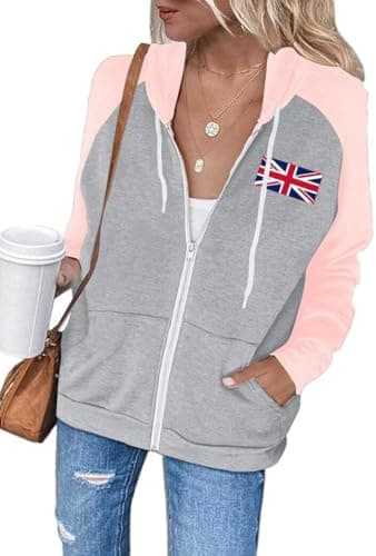 Image of LACOZY Womens British Flag Hoodie Raglan Long Sleeve Casual Drawstring Usa Sweatshirts Zipper Jacket Color Block Tops L