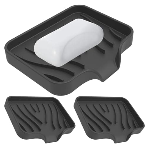 Image of Penbin 2 Pack Silicone Soap Dish with Drain, Bar Soap Holder for Shower & Bathroom, Self Draining Waterfall Soap Tray for Kitchen Sink, Non-Slip & Easy to Clean (Black)