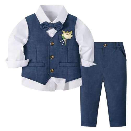 Image of Volunboy Baby Boys 4-Piece Formal Suit, Toddler Waistcoat Wedding Party Birthday Dress Gentleman Suit (Navy Blue, 3-4 Years,Tag Size 110)