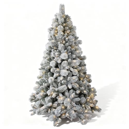 Image of 7Ft/2.1M Pre-Lit Snowy Helsinki Fir Snow Covered Flocked Luxurious Artificial Green Christmas Tree Bushy Xmas Holiday Home Decoration Warm White LED Lights Last Up To 50,000 hrs