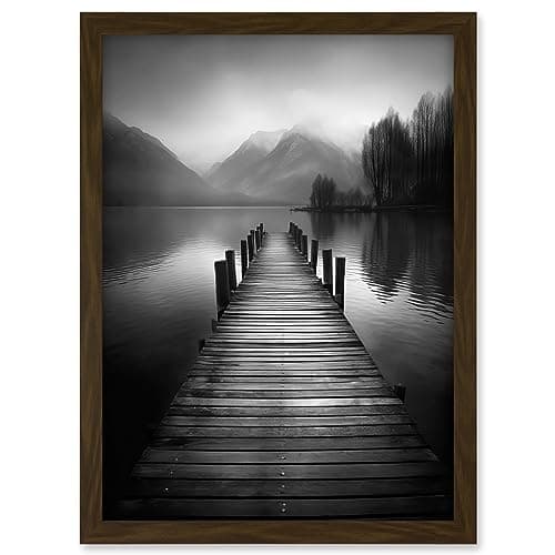 Image of Artery8 Lake Pier Mountain Landscape Black and White Photo Artwork Framed A3 Wall Art Print