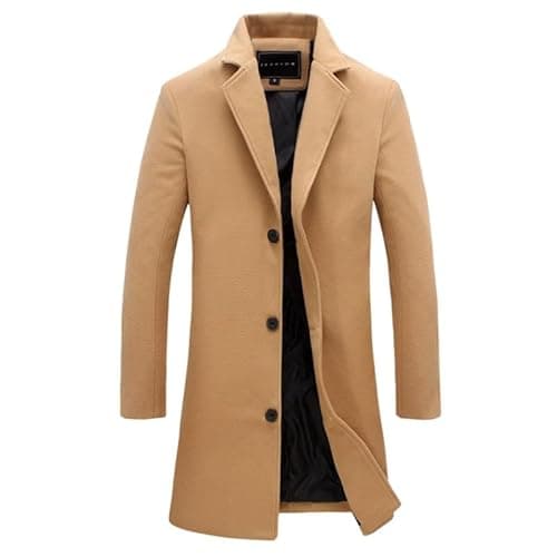 Image of WAIDFU Mens Wool Overcoat Long Trench Coat Regular Fit Notched Collar 3 Button Winter Woolen Jackets Peacoat