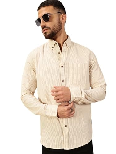 Image of Thomas Scott Men's Striped Long Sleeve Regular Fit 100% Cotton Button Down Single Pocket Casual Shirt, beige, XL