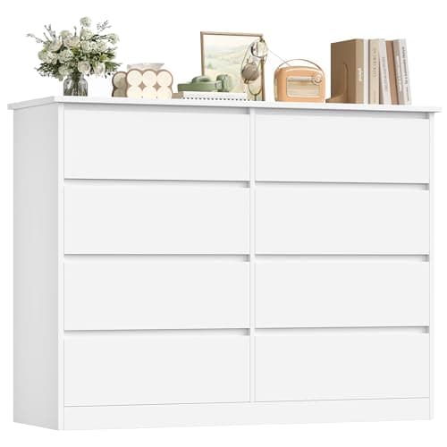 Image of FOREHILL Chest of Drawers Bedroom Storage Cabinet White Chest of Drawers with 8 Drawers Dresser Large Sideboard for Living Room Hallway Bedroom Furniture Wooden 120 x 39.5 x 96 cm