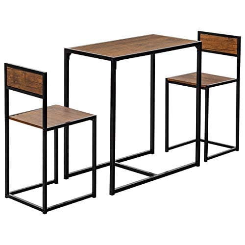 Image of Harbour Housewares Industrial Breakfast Bar - 2 Seater Small Dining Table and Chairs Set Brown Wooden Compact Table with Bar Stools Steel Framed Bistro Furniture