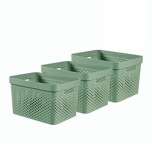 Image of CURVER Infinity Dots Set of 3 Storage Baskets, 100% Recycled Resin, Nestable & Lightweight, 17 Litres, Green
