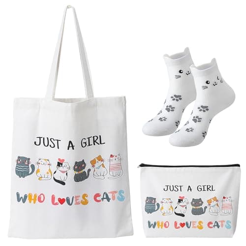 Image of ViEinkaufen Cat Gifts for Women Girls Cat Lovers Tote Bag with Inner Pocket,Makeup Bag and Women's Sock Canvas Foldable Grocery Shopping Bag Birthday Gifts for Mum Auntie Best Friend Teachers