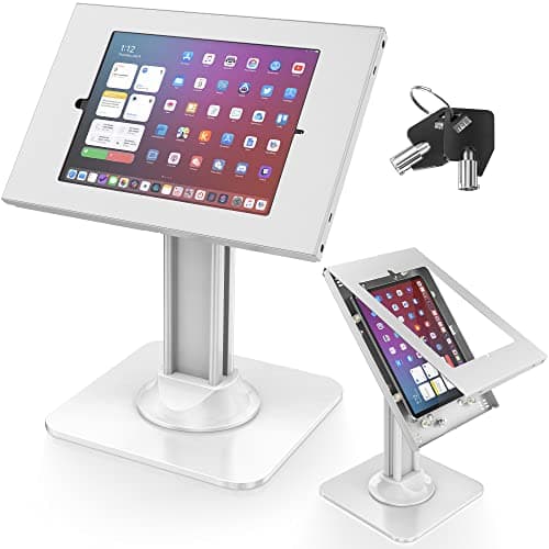 Image of AboveTEK Anti-Theft iPad Kiosk Stand – POS iPads Security Mount with 360° Swivel & 75° Tilt, Heavy Duty Tablet Kiosk Desk Holder for Retail & Business (White, 9.7"/10.2"/10.5" iPad)