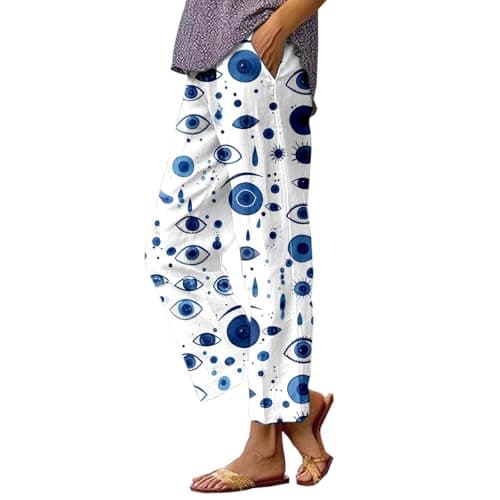 Image of Generisch Linen Trousers Women's Print Structure Linen Pockets Wide Leg Loose Fit Lightweight Summer Long Women's Trousers Plain, 247-Blue, XL