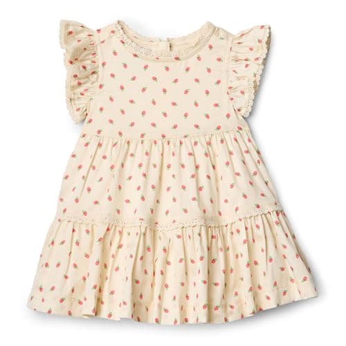 Image of Amazon Essentials x Sofia Grainge Baby Girls' Woven Cotton Sateen Fit & Flare Casual Dress, Bright Pink Little Strawberries, 12 Months