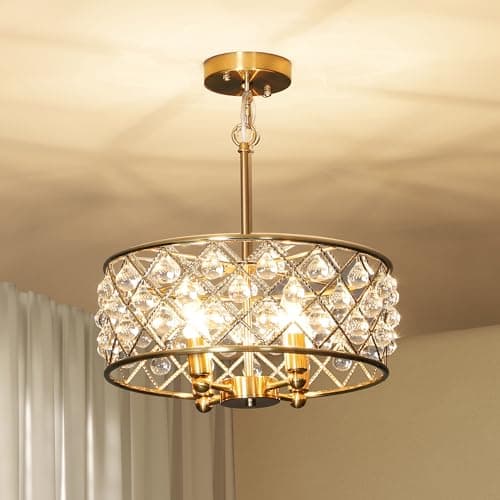 Image of HOMCOM Crystal Chandelier with Adjustable Height, 4-Light Modern Flush Mount Ceiling Light, Hanging Chandelier with E14 Base for Living Room, Bedroom, Dining Room, Bulb Not Included, Gold Tone