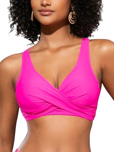 Image of SHEKINI Women's Bikini Tops V Neck Criss Cross Push Up Big Bust Wired Swimwear Top Tie Back Swim Top for Women UK Bikini Top Only, Fluorescent Pink, S