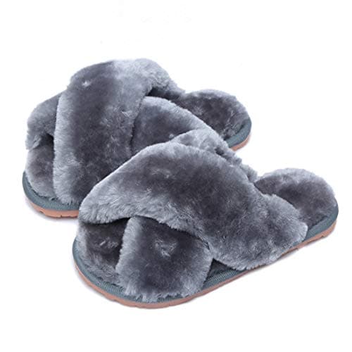 Image of Womens & Girls Slippers Ladies Fluffy Plush House Slippers Cozy Open Toe Faux Fur Sliders for Girls Warm Sandals Indoor Winter Label Size 38-39 Grey UK 4-5