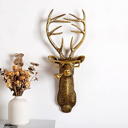 Image of 3D head Wall Mount Ornament, Animal Heads for Wall Art Hanging Sculptures, Small Metal Wall Resin Art Wall Decor Ornament Waterproof Bronzed Resin Decorations for Home (deer head)