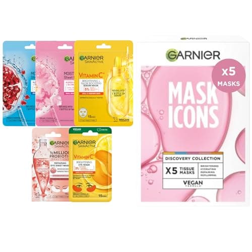 Image of Garnier Mask Icons Discovery Collection - Face & Eye Sheet Masks Set for Dehydrated, Dull and Tired Skin, includes Vitamin C*, Hyaluronic Acid, Niacinamide - Pack of 5 sheet Masks