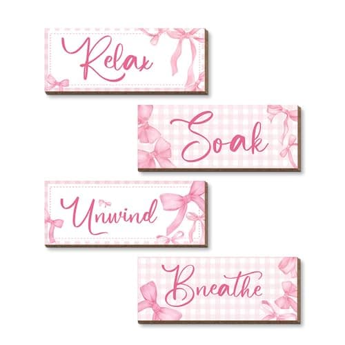 Image of Bow Room Decor - 4PCS Coquette Pink Bow Bathroom Wall Decor, Boho Preppy Wooden Wall Hanging Signs With Inspirational Quotes Relax Soak Unwind Breathe, Wooden Wall Art for Home Laundry Spa Room
