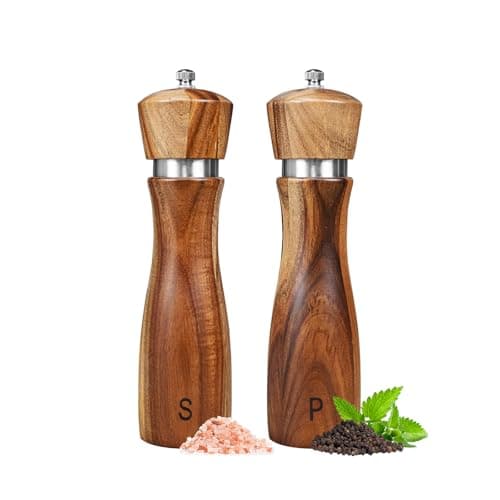 Image of Haomacro Salt and Pepper Grinder Set of 2,8Inch Updated Wooden Pepper Mill Shaker,Modern Oak Wood Salt Mill Pepper Grinder Set Refillable with Adjustable Ceramic Rotor