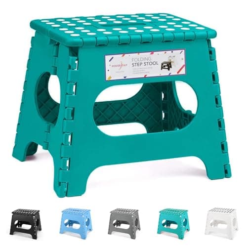 Image of HOUSE DAY 11 Inch Folding Step Stool for Kids- Heavy Duty Plastic Step Stool for Adult Foldable Stools Sturdy Kitchen Step Skid Resistant Folding Stools for Bedroom/Bathrooom-Lake Green