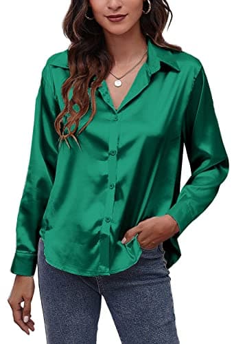 Image of Panegy Lady Casual Elegant Shiny Silk-Like Blouses Satin Lapel V Neck White Shirt for Women Long Sleeve Office Work Business Wear Green S