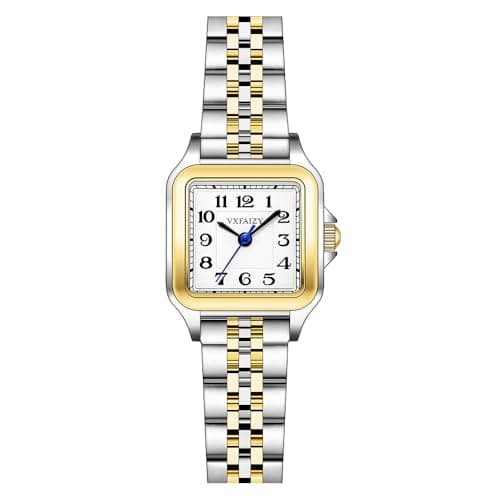 Image of VXFAIZY Dainty Square Watch for Women with Easy Read Arabic Numeral Ladies Dress Watches (Silver-Gold Black)